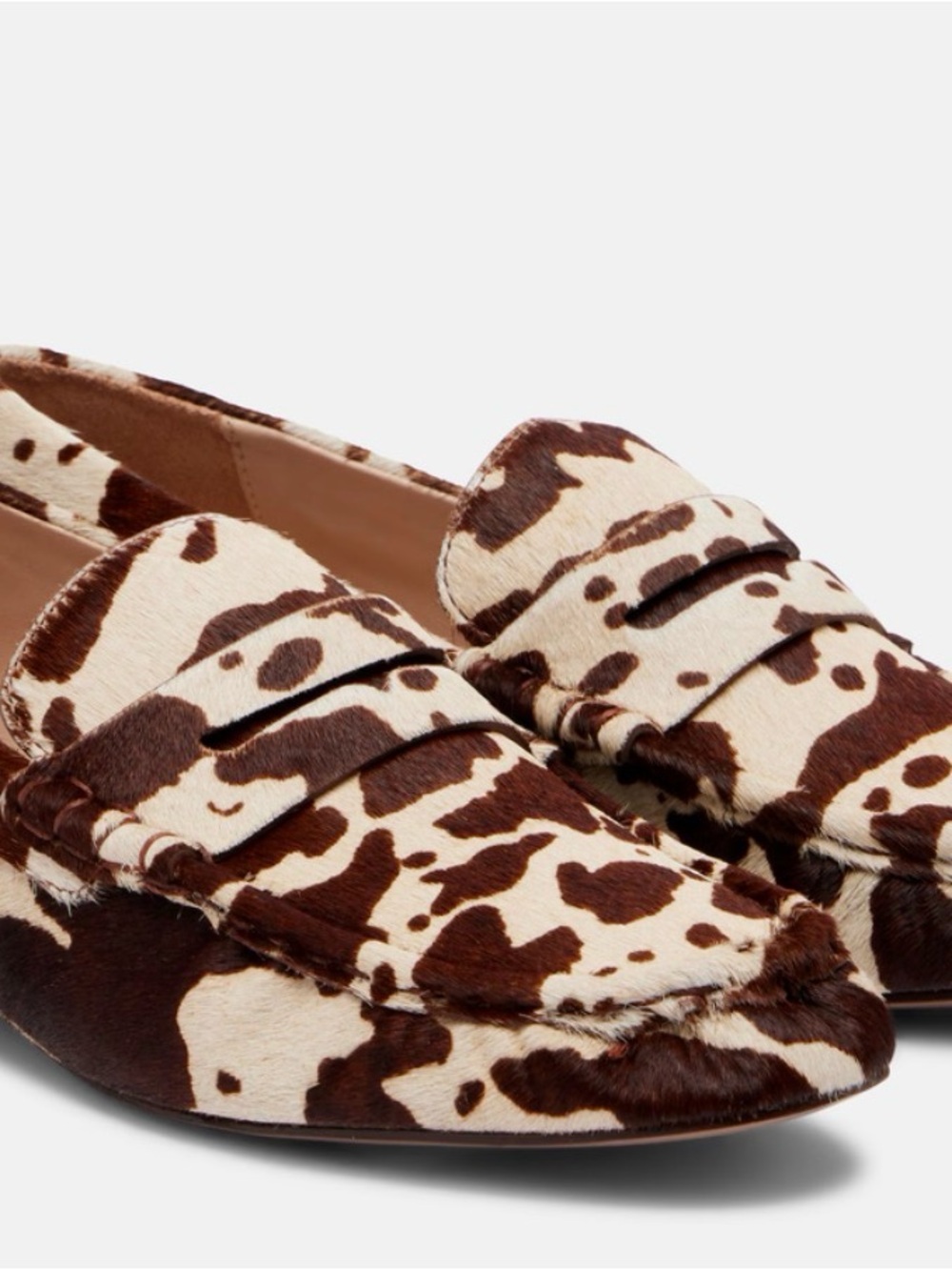 FARM Rio Cow-Print Penny Loafers in Brown and Cream